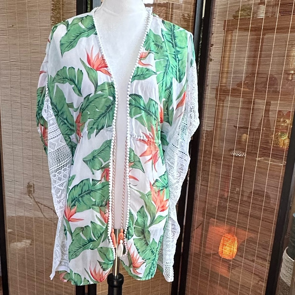 Miken Green and Red Tropical Print Top